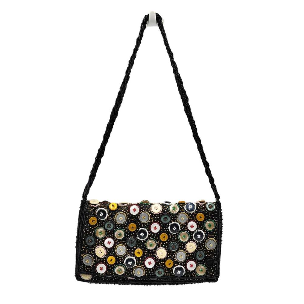 Vintage Whimsical Black Beaded Evening Bag Multicolored Colorful Buttons Artisan